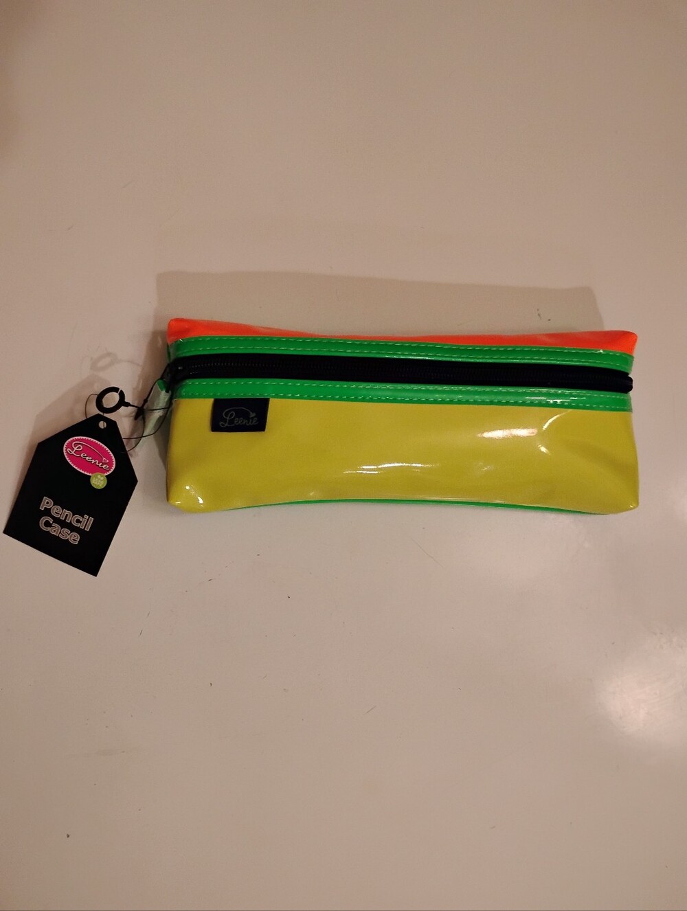 LEENIE Neon Yellow Green & Orange Vinyl Pencil Case with Green Trim